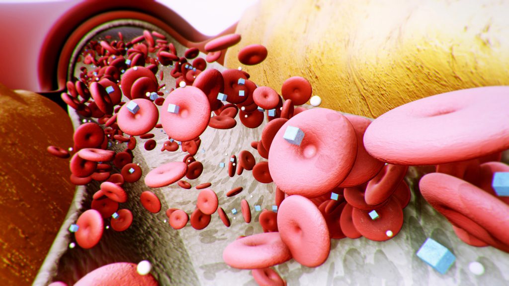 Ilustração 3D detalhada do interior de um vaso sanguíneo mostrando glóbulos vermelhos e pequenos cubos que representam o acúmulo de moléculas de glicose, conceito visual para entender o que é resistência à insulina e como ela age no corpo.