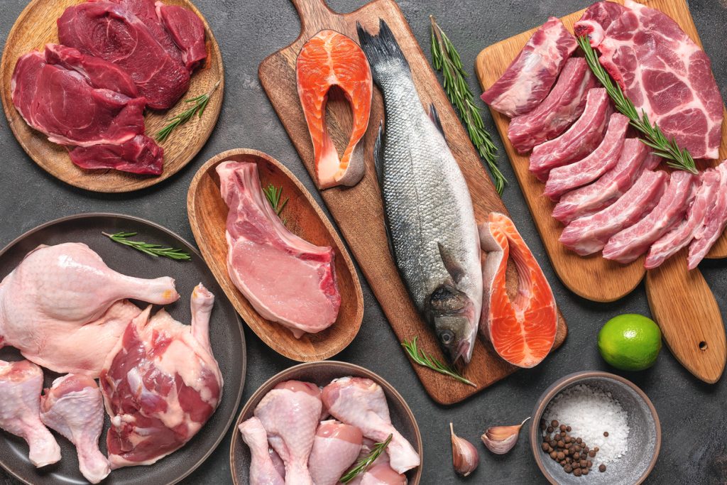 Bancada com diversas fontes de proteínas como pescado, carne suína, bovina, peixe e frango