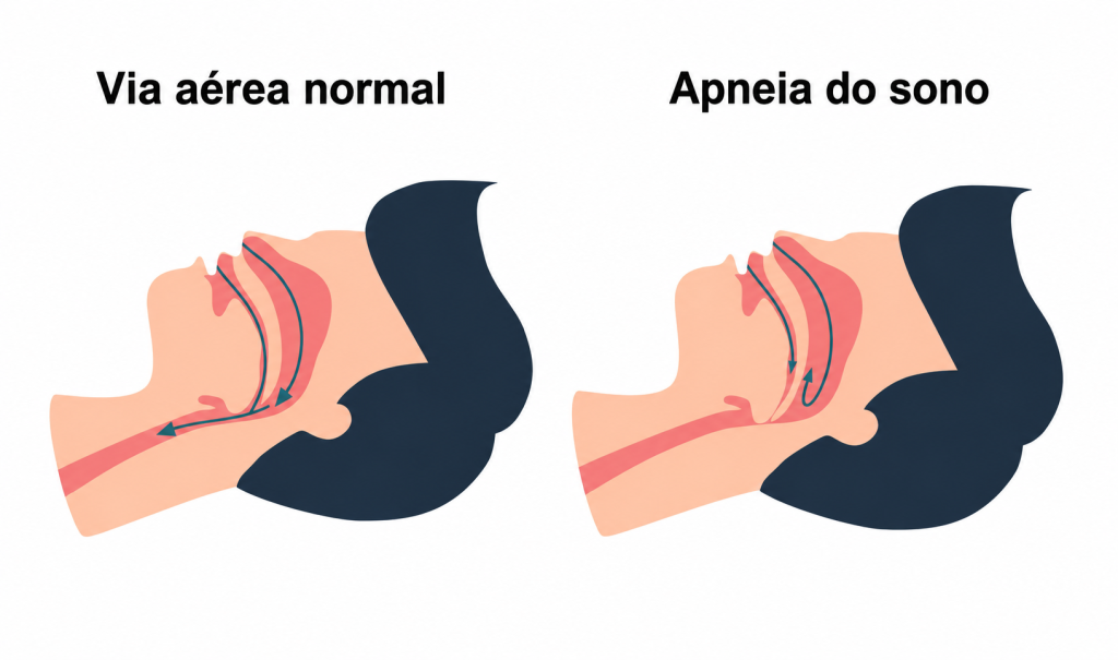 Ilustração médica comparando o perfil de uma pessoa com via aérea normal, onde o ar flui livremente, e uma com apneia do sono, mostrando o bloqueio do fluxo de ar na garganta.