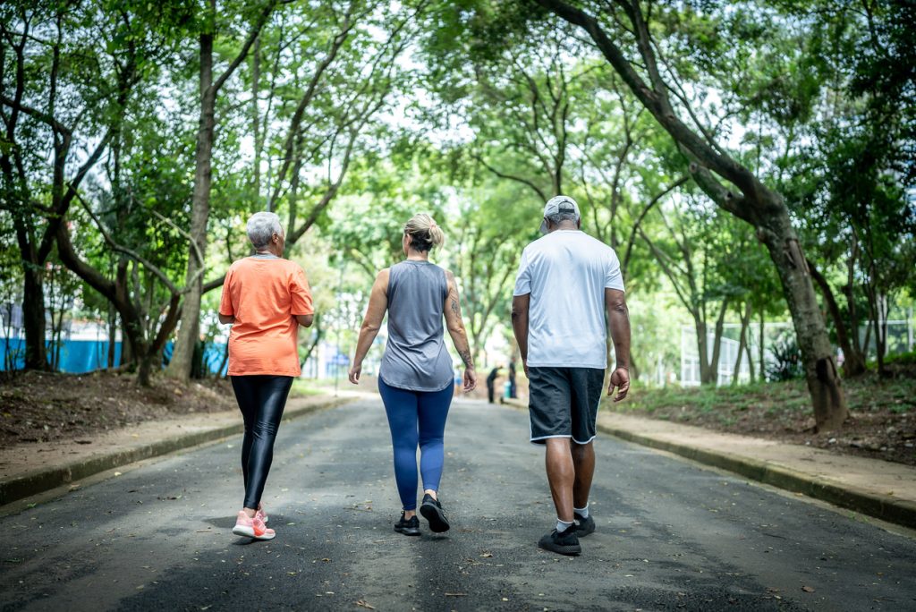 Fotografia vista de trás de três pessoas adultas caminhando lado a lado em uma pista asfaltada dentro de um parque bastante arborizado. Eles vestem roupas esportivas confortáveis e tênis. A imagem demonstra a caminhada ao ar livre como um passo prático e acessível para quem deseja sair do sedentarismo e adotar uma rotina mais ativa.